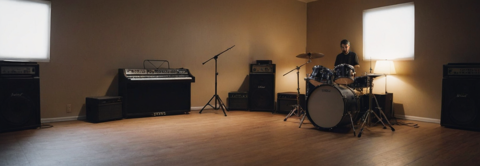 Flawed Curve's basement studio: a drum kit, tube amps, and tower speakers set up mid-session